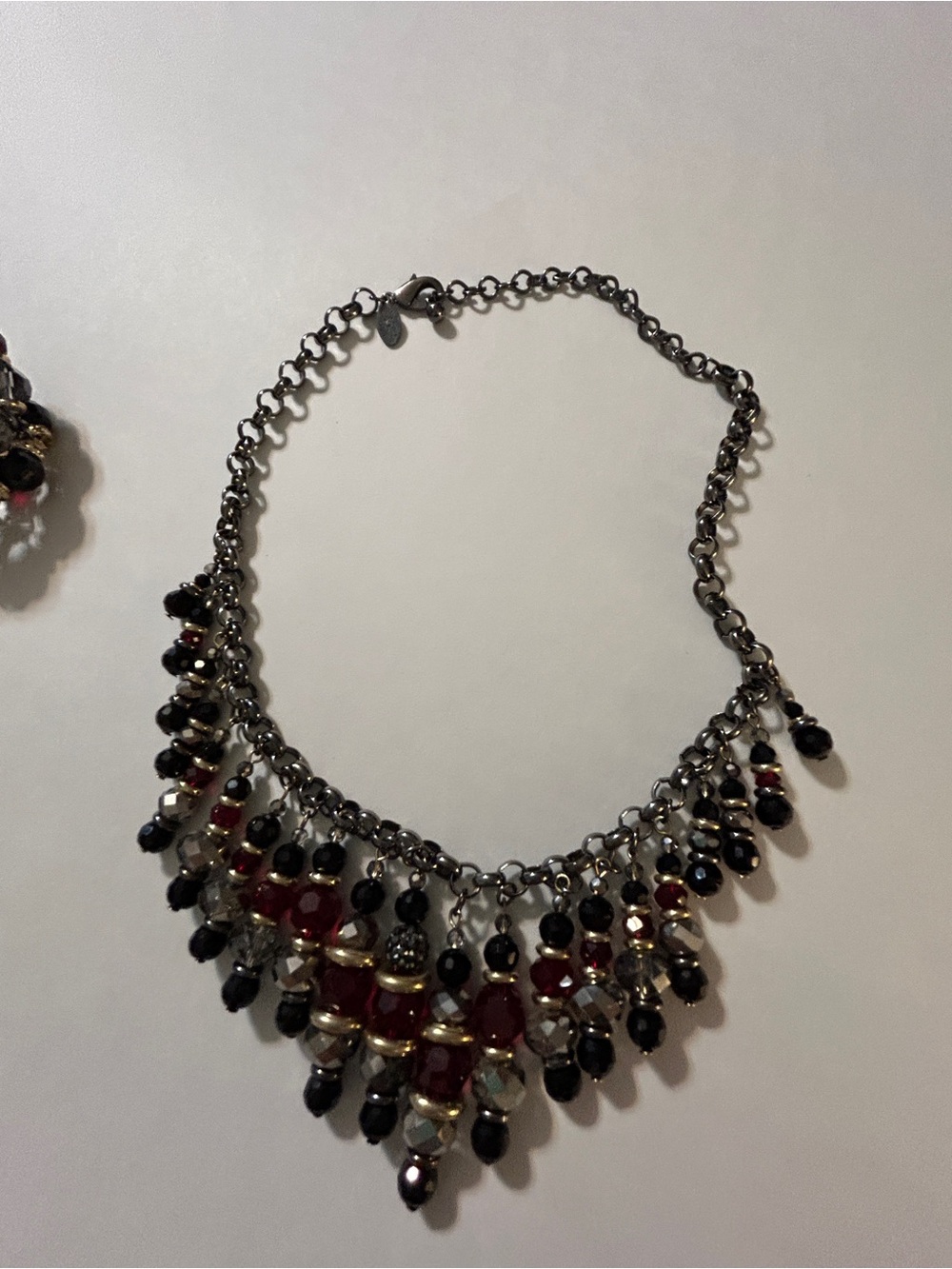 Chico's Red Black Crystal Fringe Bib Necklace & Matching Stretch Cuff Set